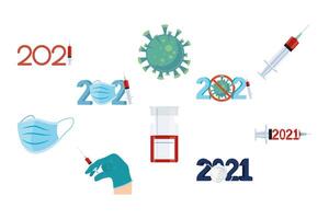 bundle of ten 2021 year numbers and covid19 vaccine set icons vector