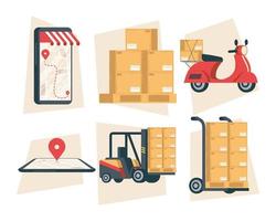 bundle of six delivery service set icons vector