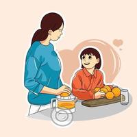 mom and daughter make fruits at home vector illustration