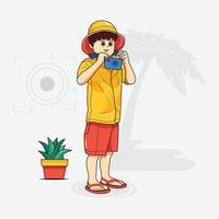 cute kid holding camera cartoon vector