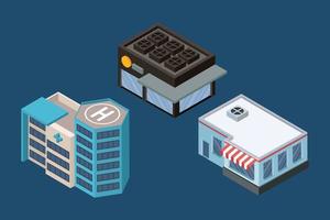 three isometric buildings vector