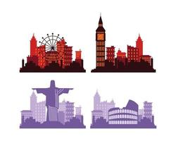 Paquete de cuatro escenas de siluetas de ciudades. vector