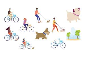 people wearing medical masks in bicycles and skates with pets vector