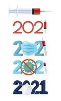 bundle of five 2021 year numbers and covid19 vaccine set icons vector