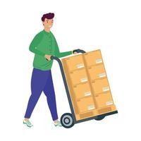 delivery worker with pile boxes carton in cart vector