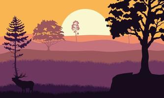 trees plants and reindeer in sunset forest landscape scene vector