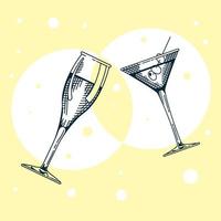 cocktail and champagne cups hand draw style vector