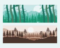 paisajes de bosque verde y puesta de sol con pinos vector