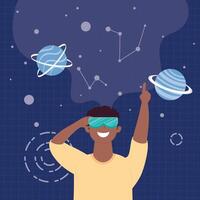 afro man using virtual reality mask in universe scene vector