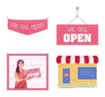 bundle of four reopening labels campaign icons vector