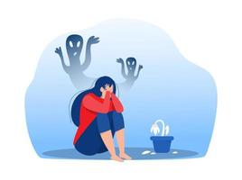 Depressed girl with anxiety and scary fantasies feeling sorrow,fears, sadness vector illustration