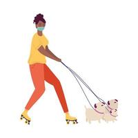 afro woman wearing medical mask in skates with dog outdoor activity