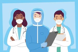 group of doctors staff wearing medical masks characters vector