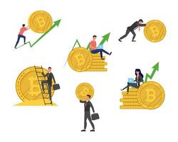 business people bitcoins and crypto currency set icons vector