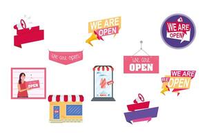 bundle of ten reopening labels campaign set icons vector