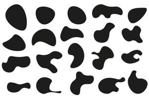 mancha negra orgánica con forma irregular. manchas abstractas, manchas de tinta y siluetas de guijarros, elementos de salpicaduras amorfas líquidas simples componen un conjunto de vectores de rocas de burbujas mínimas creativas.