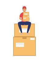 delivery service worker character seated in boxes carton vector