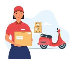 delivery service female worker lifting box carton and motorcycle vector