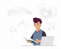 young man using laptop and reading book with drawings online learning vector