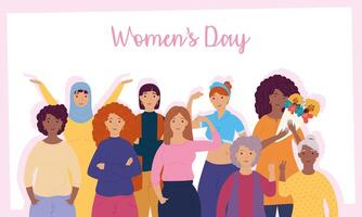 womens day lettering with group of interracial girls vector