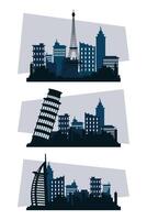 Paquete de tres escenas de siluetas de ciudades. vector