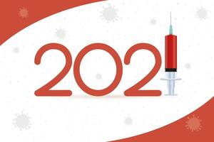 2021 year with covid19 vaccine syringe and particles virus vector