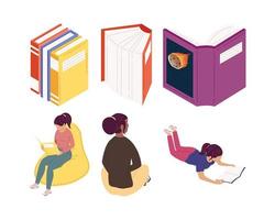 interracial girls reading books ,book day celebration vector