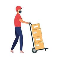 delivery service worker wearing medical mask with boxes in cart vector