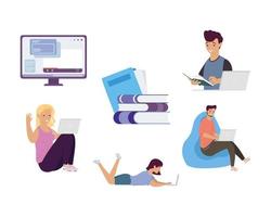 bundle of four students with laptops and icons education online vector