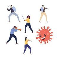 group of persons fighting vs covid19 particle character vector