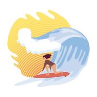 mujer surfeando en ola vector