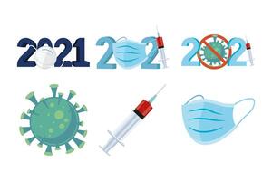 bundle of six 2021 year numbers and covid19 vaccine set icons vector