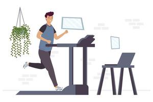 athletic man running in machine with laptop online exercise vector