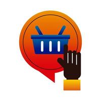 basket in speech bubble with hand pushing ecommerce vector