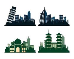 bundle of four cities skylines silhouettes scenes vector