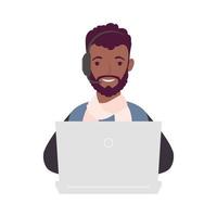 young afro man using laptop and headset online learning vector