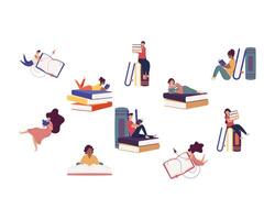 group of ten readers with books ,book day celebration vector