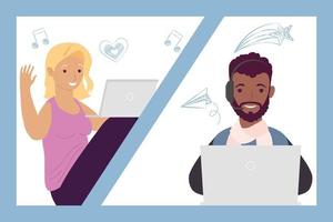 young couple using laptops and drawings education online vector