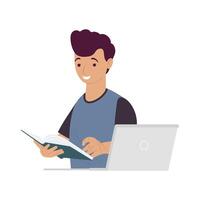 young man using laptop and reading book online learning vector