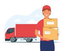 trabajador de servicio de entrega y camión levantando cajas de cartón vector