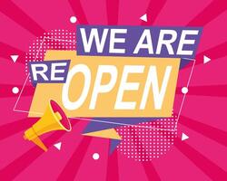 we are reopen commercial label with megaphone in pink background vector