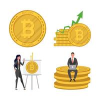 pareja de negocios con iconos de moneda criptográfica bitcoins vector