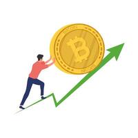 Hombre empujando bitcoin en flecha hacia arriba icono de moneda criptográfica vector