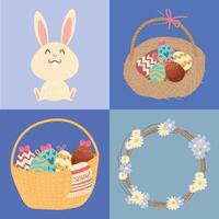 happy easter celebration card with rabbit and eggs in baskets vector