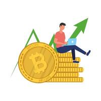 man seated using laptop in bitcoins crypto currency with arrow up vector