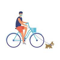 joven, llevando, médico, máscara, en, bicicleta, con, perro vector