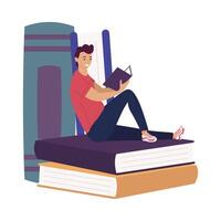 man reading book seated in books ,book day celebration vector