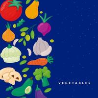 Patrón de vegetales alimentos saludables en fondo azul. vector