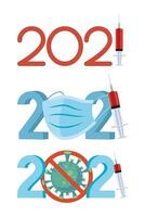 bundle of three 2021 year numbers and covid19 vaccine set icons vector