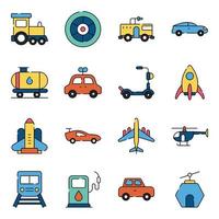 paquete de iconos planos de transporte y vehículos. vector